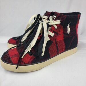 Polo Ralph Lauren Black Red Flannel Plaid Hi Top Sneaker Pony Shoes Size 7